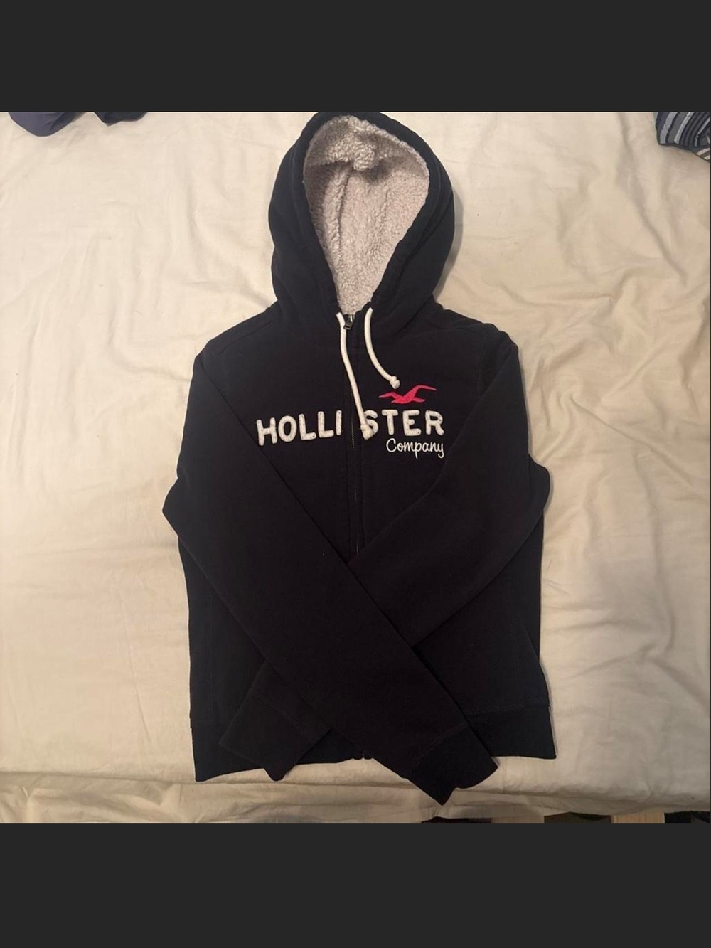 Hollister Black Zip-Up Hoodie with Sherpa Lined Interior.